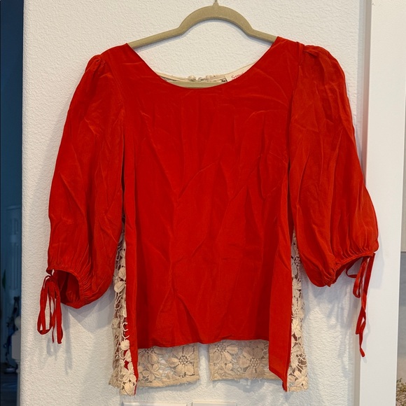 stich knot Tops - Chic Red Women's Blouse with Lace Accents